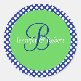 Sticker Rond Bleu Vert Blanc Polka Point Monogramme B Enveloppe