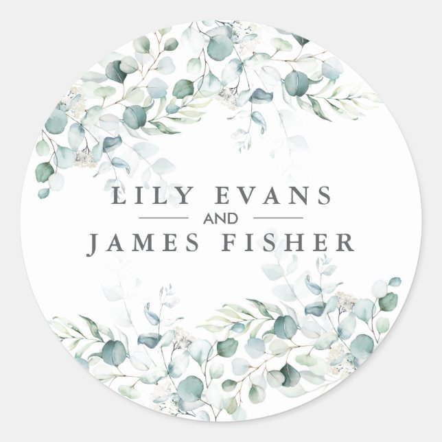 Sticker Rond Bleu Vert Eucalyptus Feuille Mariage Faveur Sticke (Devant)