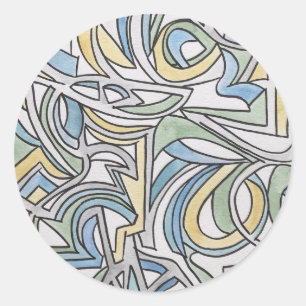 Sticker Rond Bleu Vert Jaune Art Aquarelle En Treillis