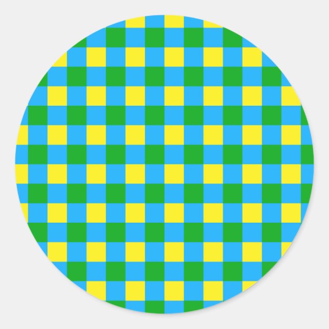 Sticker Rond Bleu Vert Jaune Chèque Plaid Design Motif (Devant)