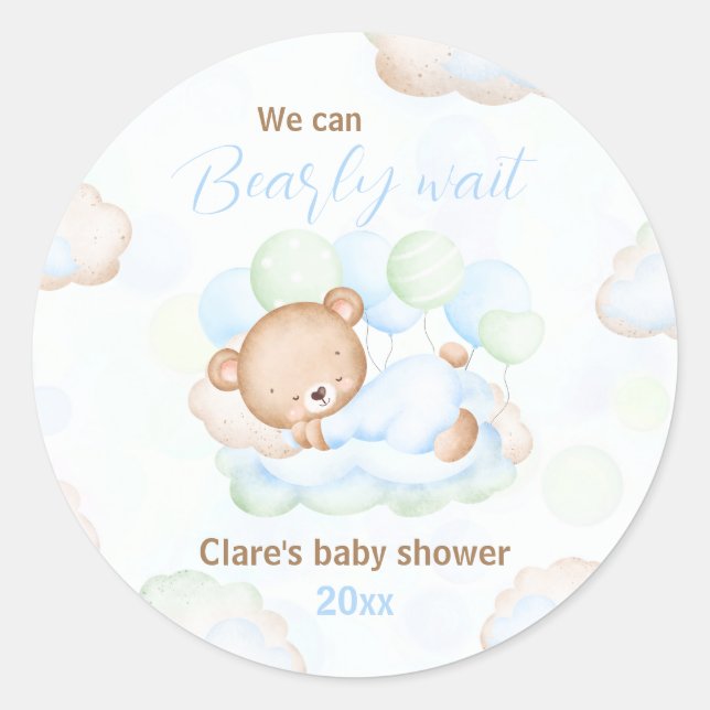 Sticker Rond Bleu Vert Nous Pouvons Attendre L'Ours Baby shower (Devant)