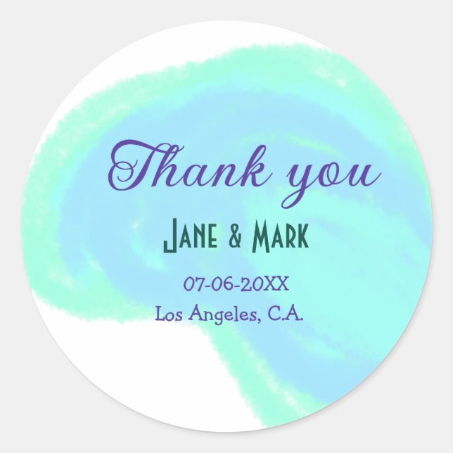 Sticker Rond Bleu vert pastel merci ajouter nom de couple date (Devant)