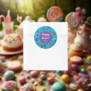 Sticker Rond Bleu Violet Joyeuses Pâques Printemps Fleur d'Aqui