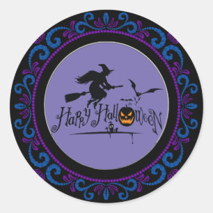 Sticker Rond Bleu Violet Joyeux Halloween sorcière et chauves-s