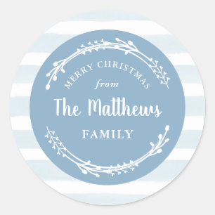 Sticker Rond Bleu Watercolor Stripe Round Christmas Cadeau Tags