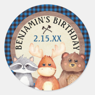 Sticker Rond Bleu Woodland Lumberjack Anniversaire Favoriser St