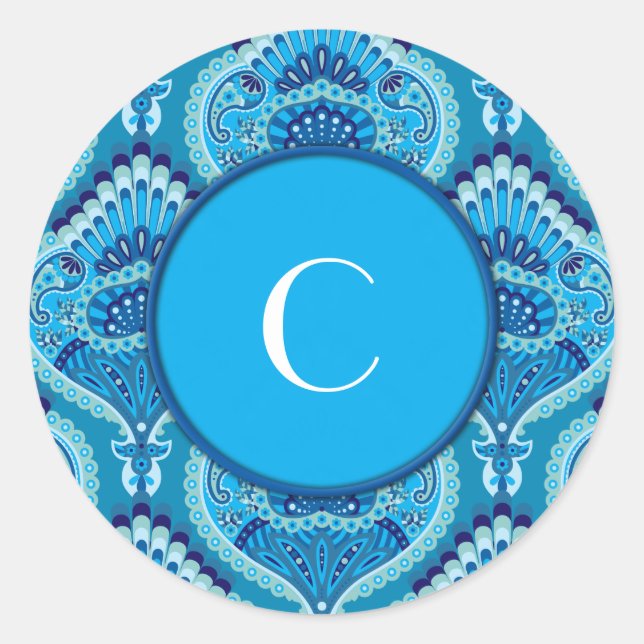 Sticker Rond Bleuâtre - Paisley à plumes (Devant)