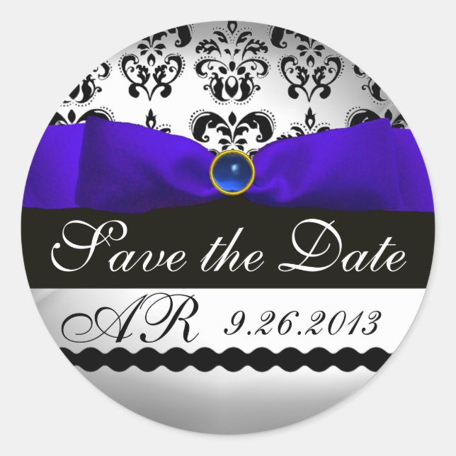 Sticker Rond BLEUE ET BLANC DAMASK RIBBON MONOGRAM Sapphire (Devant)