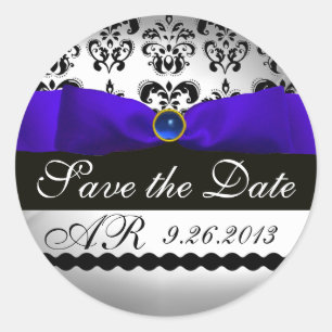 Sticker Rond BLEUE ET BLANC DAMASK RIBBON MONOGRAM Sapphire