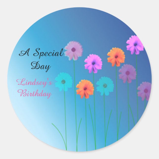 Sticker Rond Bleus marguerites personnalisées Anniversaire (Devant)