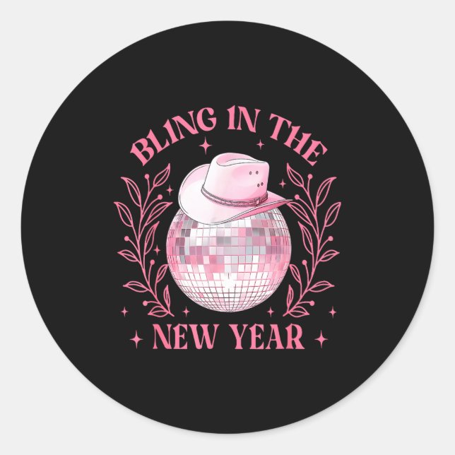 Sticker Rond Bling-in The New Year Cowgirl Disco Ball Happy New (Devant)