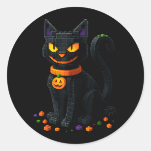 Sticker Rond Blocs de briques de chat rétro Halloween Chat noir