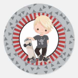 Sticker Rond Blonde Skateboard Boy - Gray Red