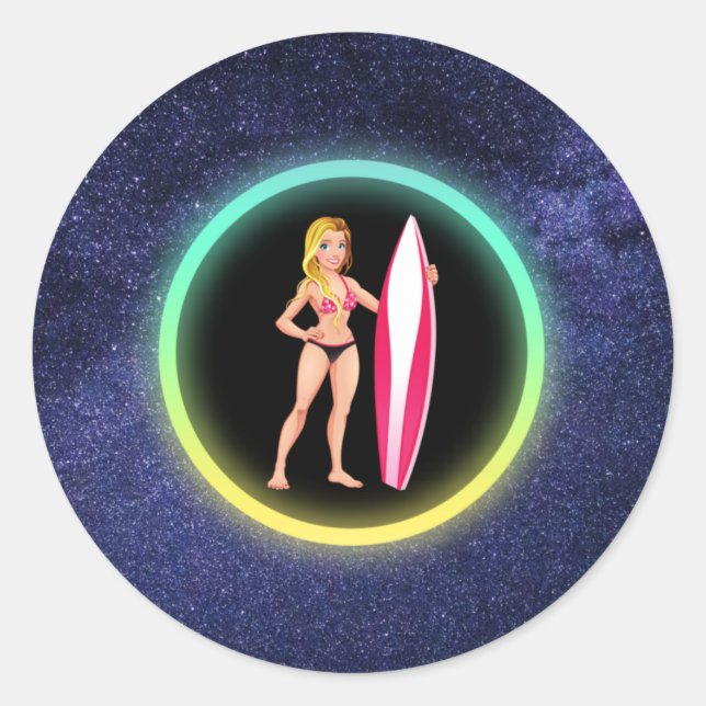 Sticker Rond Blonde Surfer Adolescent Girl Galaxy (Devant)