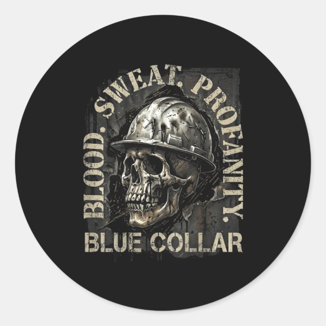 Sticker Rond Blood Sweat Profanity Construction Worker Skull Bl (Devant)