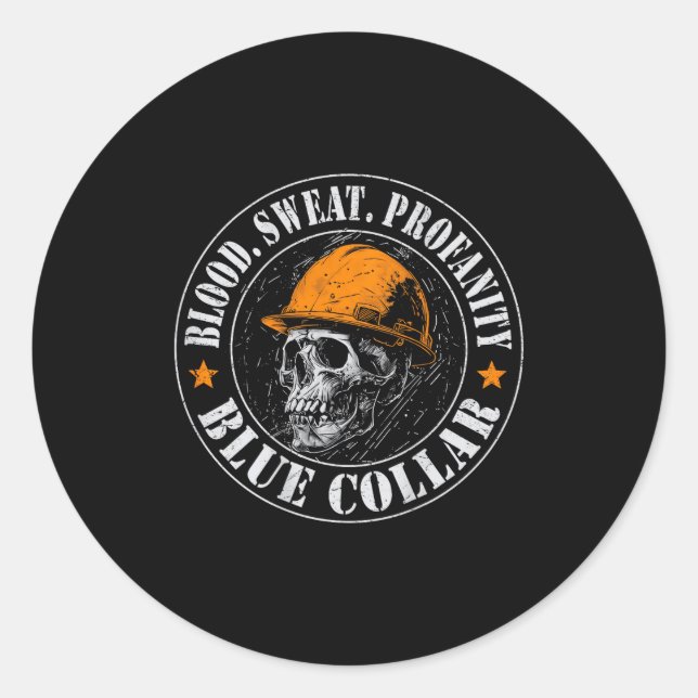 Sticker Rond Blood Sweat Profanity Construction Worker Skull Bl (Devant)
