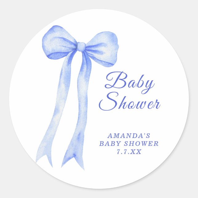 Sticker Rond Blue a Bow C'est un Baby shower garçon (Devant)