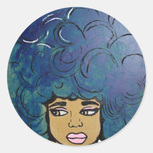 Sticker Rond Blue Afro Ebony Girl Gros Cheveux