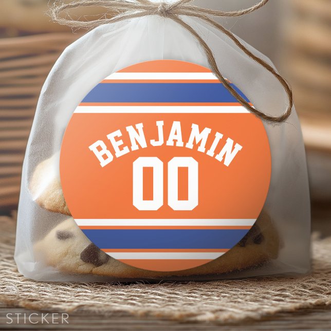 Sticker Rond Blue and Orange Sports Jersey Nom personnalisé Num (Custom Sticker for Party Favors and Envelopes)