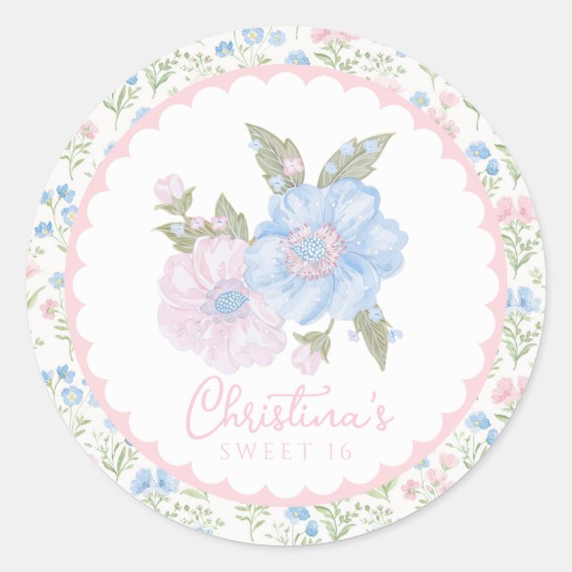 Sticker Rond Blue and Pink Grandmillennial Floral Sweet 16 (Devant)