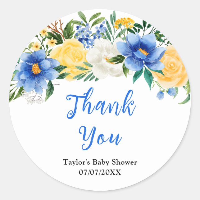 Sticker Rond Blue and Yellow Floral Baby Shower Thank You (Devant)
