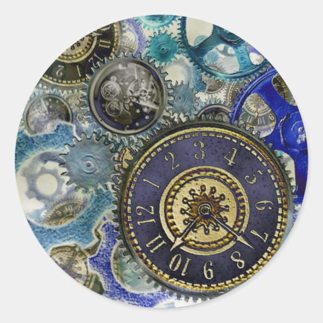 Sticker Rond Blue aqua steampunk gears, cogs, clock faces (Devant)