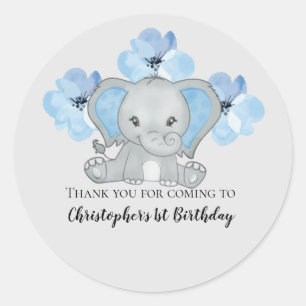 Sticker Rond Blue Baby Boy Elephant Fleurs Ballons Anniversaire