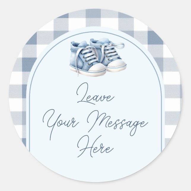 Sticker Rond Blue Baby Shoes Gingham Baby Shower Your Message (Devant)