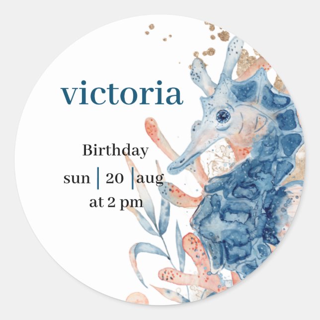 Sticker Rond  Blue Beach hippocampe coquillage bébéShower  (Devant)