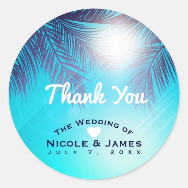 Sticker Rond Blue BEACH PARTY Sunny Palm Trees Anniversaire Pri (Devant)