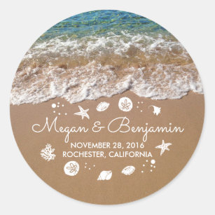 Sticker Rond Blue Beach Waves et Sand Romantique Mariage d'été