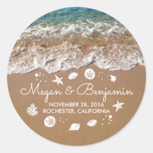Sticker Rond Blue Beach Waves et Sand Romantique Mariage d'été