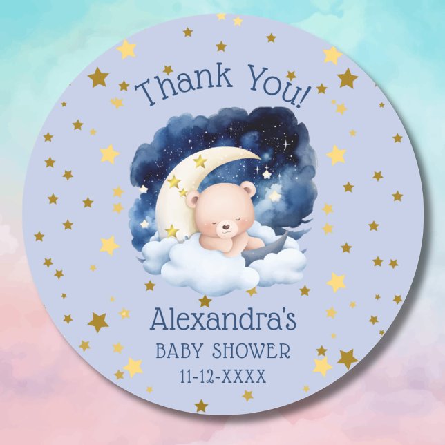 Sticker Rond Blue Bear Gold Stars Lune Baby shower Merci (Créateur téléchargé)