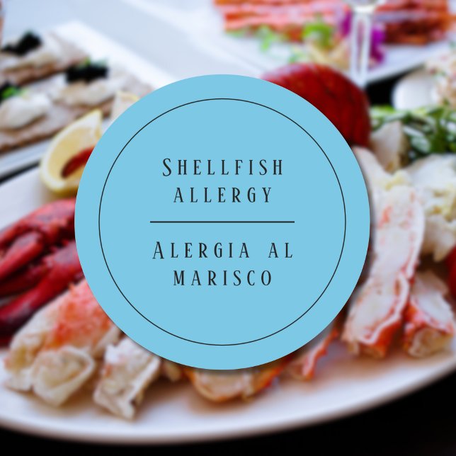 Sticker Rond Blue Bilingue Shellfish Allergy Alerte Espagnol (Bilingual Shellfish allergy warning sticker, Spanish & customizable text. Multilingual Project)