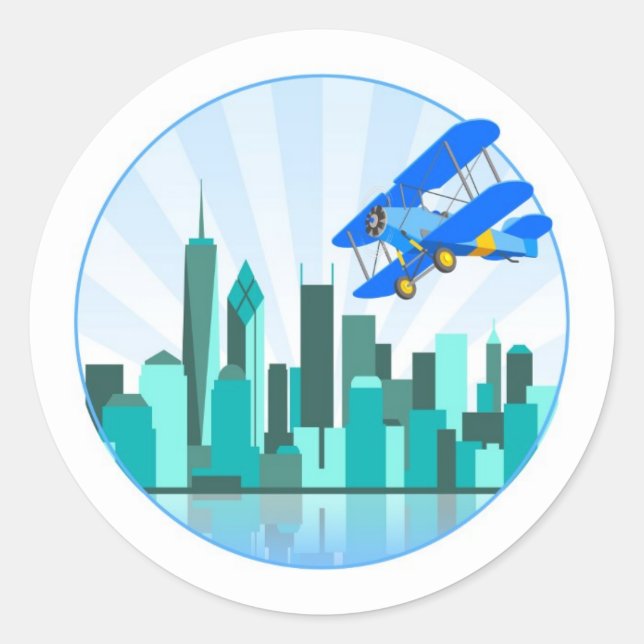 Sticker Rond Blue Biplane sur New York Retro Design (Devant)