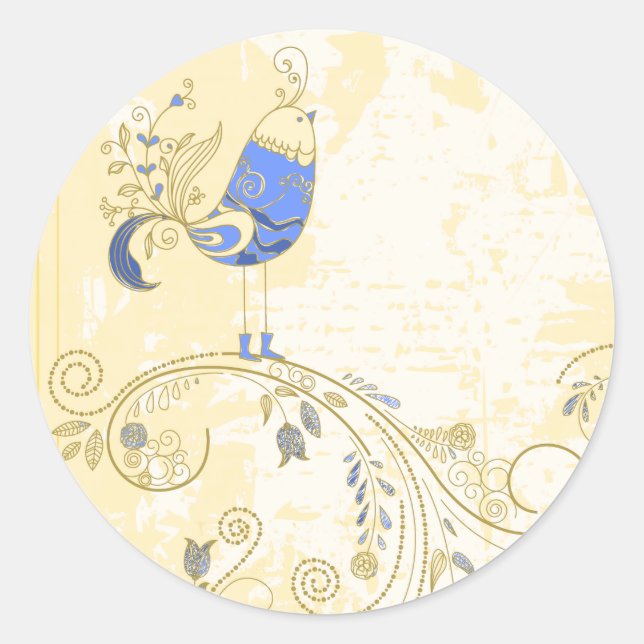 Sticker Rond Blue Bird Retro Floral Art (Devant)