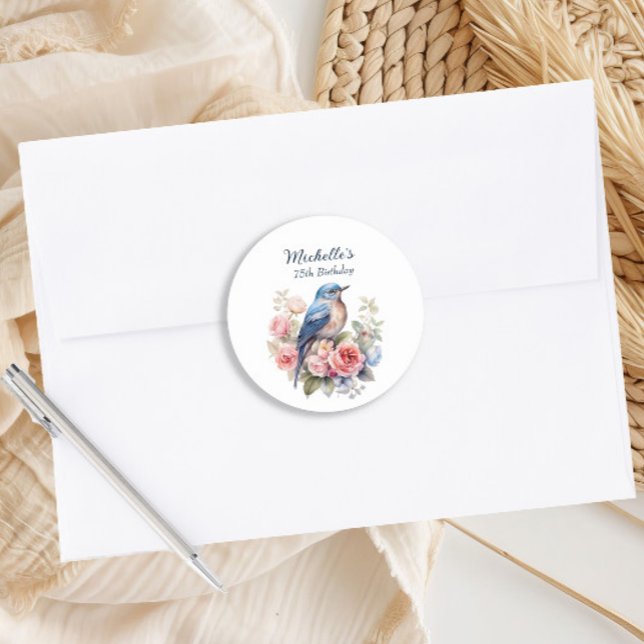 Sticker Rond Blue Bird Rose Fleurs 75e anniversaire (Blue bird pink floral birthday party envelope seal sticker)
