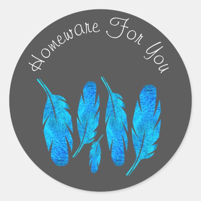 Sticker Rond Blue boho feathers blue and gray (Devant)