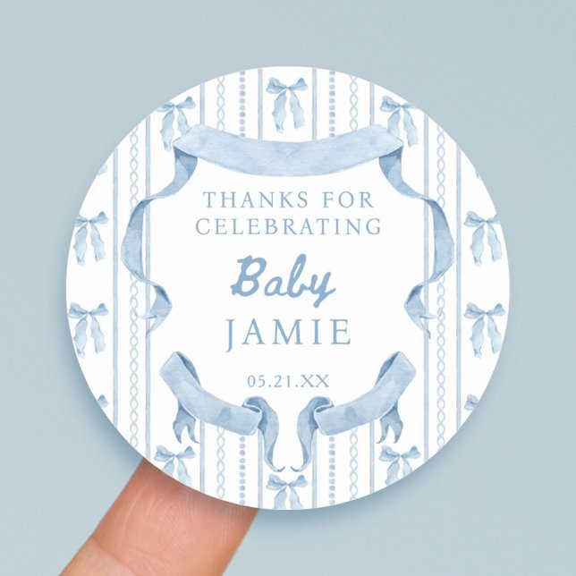 Sticker Rond Blue Bow Coquette Blue Boy baby shower Merci (Créateur téléchargé)