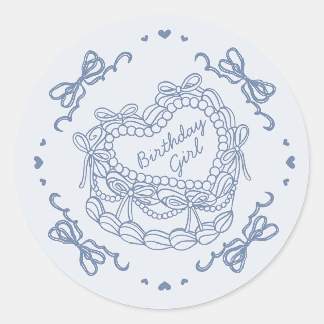 Sticker Rond Blue Bow Retro Coeur Coquette gâteau Anniversaire  (Devant)