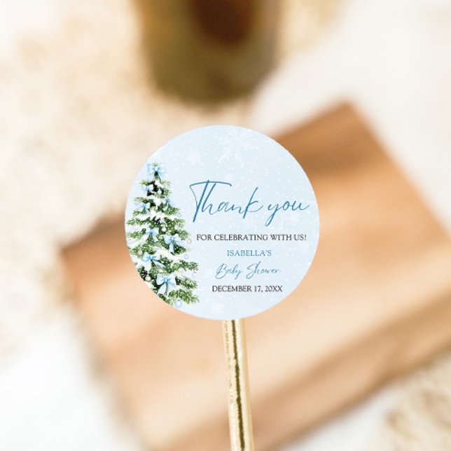 Sticker Rond Blue Bows Christmas Tree Girl Baby shower d'hiver (Créateur téléchargé)