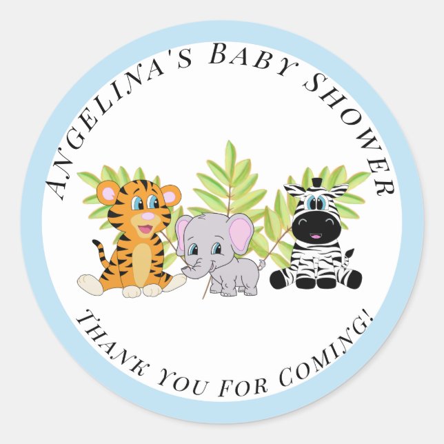 Sticker Rond Blue Boy Baby shower Safari Jungle Animaux (Devant)