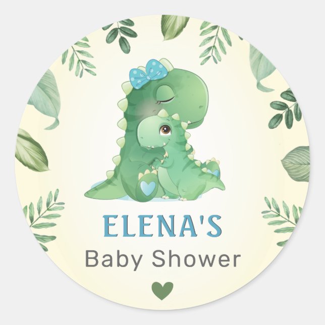 Sticker Rond Blue Boy Dinosaur Dino Baby shower Saupoudrer (Devant)
