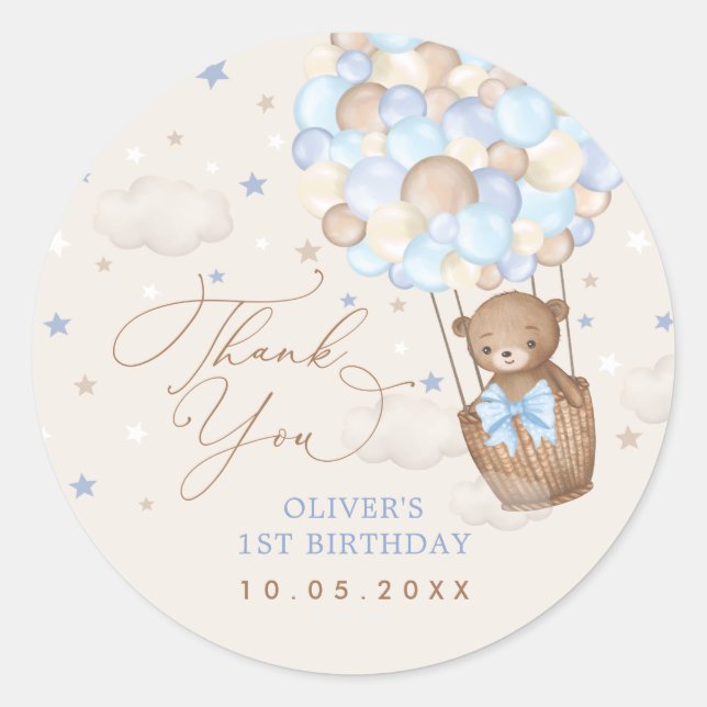 Sticker Rond Blue Brown Teddy Bear Hot Air Balloon Birthday Boy (Devant)