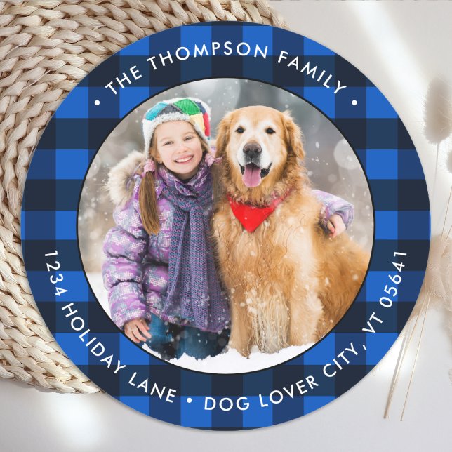 Sticker Rond Blue Buffalo Plaid Photo personnalisée Adresse de  (Créateur téléchargé)