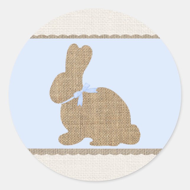 Sticker Rond Blue & Burlap Rustic Bunny Baby Shower de Pâques (Devant)