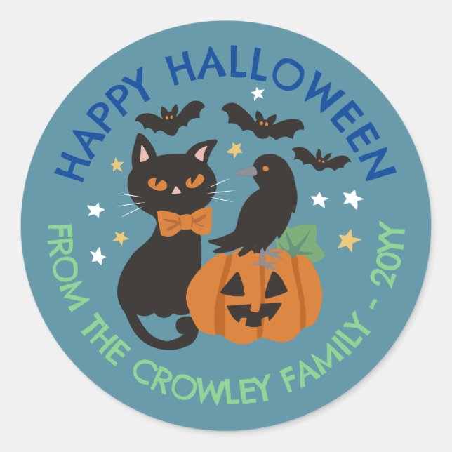 Sticker Rond Blue Cat Citrouille Raven Happy Halloween (Devant)