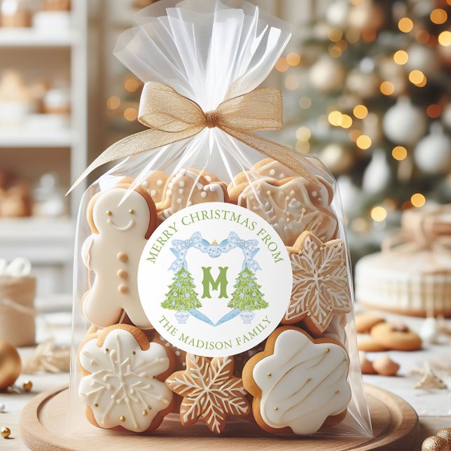 Sticker Rond Blue Chinoiserie Arbre de Noël Monogram Crest (Créateur téléchargé)