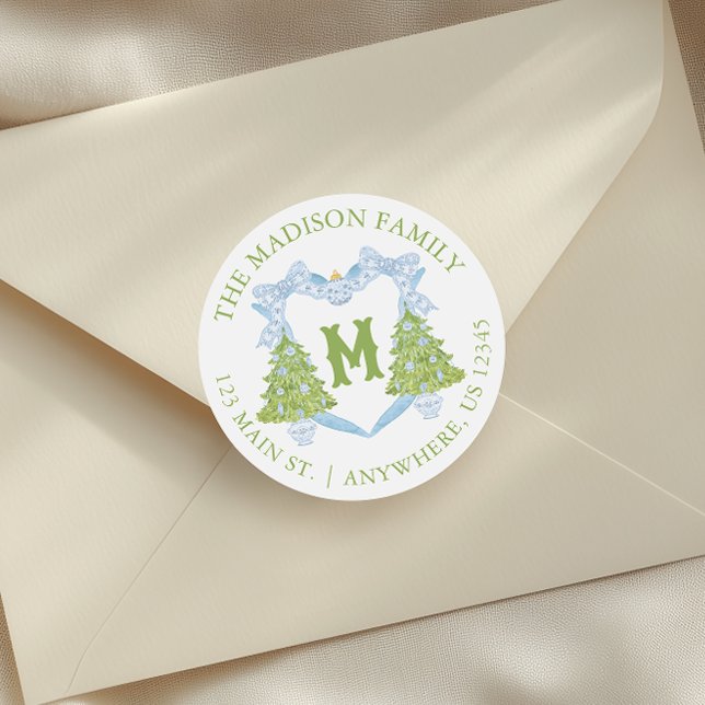 Sticker Rond Blue Chinoiserie Arbre de Noël Monogram Crest (Créateur téléchargé)