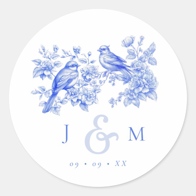 Sticker Rond Blue Chinoiserie Inséparables Vintages Mariage (Devant)